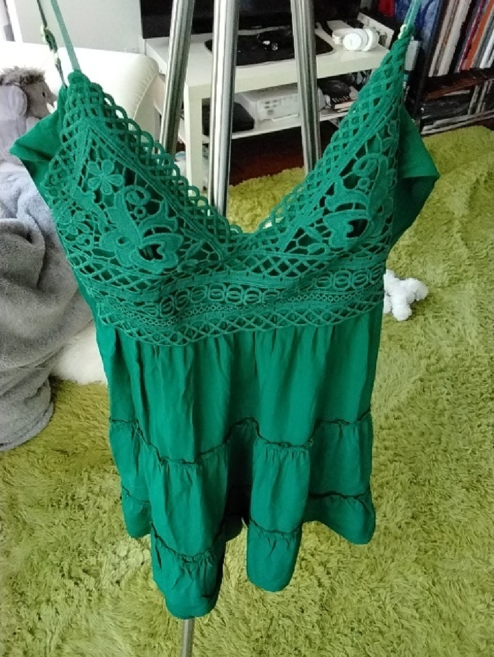 Green Crochet-Trim Spaghetti Strap Top
